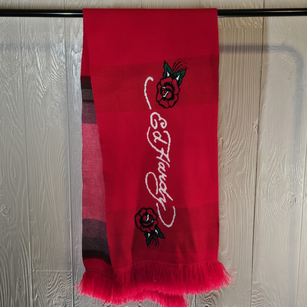 Ed Hardy Vibrant Red Scarf with Floral Design